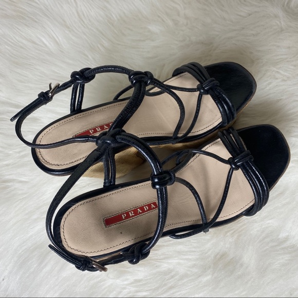 Prada Knotted Leather Wicker Platform Wedge Heels - Picture 3 of 14